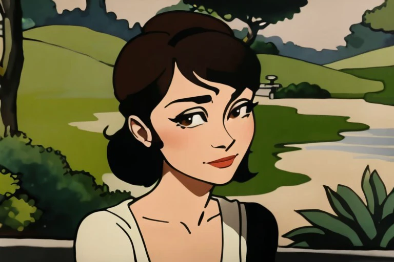 1920s animation,  23yo woman,  closeup upper body, middle shot, 
elenok ella style,wild nature,
([Famke( :0)Janssen|Audrey( :0)Hepburn| Olivia( :0)Wilde]:0.9), interesting,
Brown , 
 highres, detailed, sexy,, realistic, 
Traditional tea garden and tranquil at the background, best quality, masterpiece, 
<lora:steamboat_willie:1>