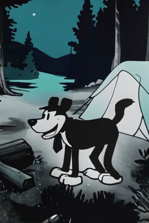 1920s animation, dog, upper body, middle shot, 
,  abrasive,
Cyan, 
 highres, detailed,
Nighttime campsite and forest at the background, best quality, masterpiece,
<lora:steamboat_willie:1>