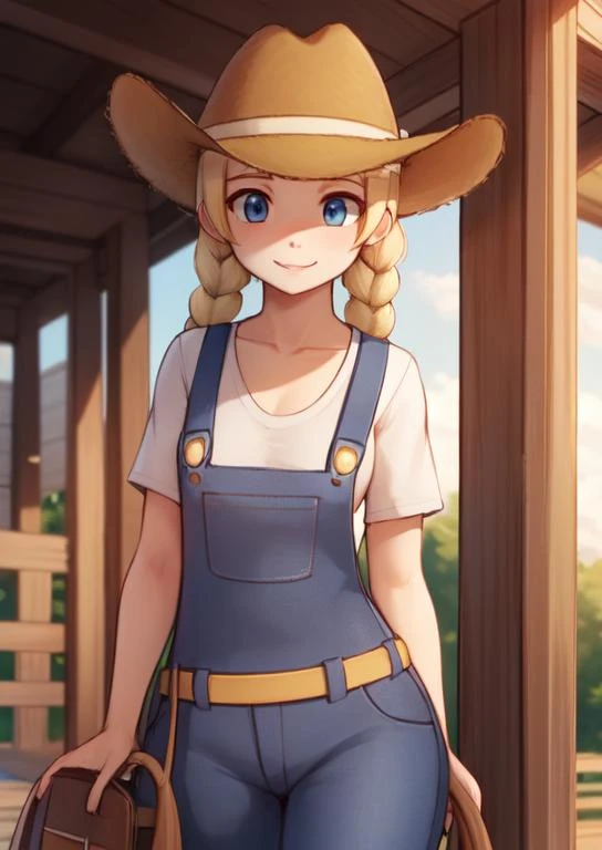 (masterpiece, best quality:1.2), extremely detailed, soft ambient lighting, sharp focus, 4K, BREAK <lora:BreederLora:0.8>, 1girl, solo, breeder, blue eyes, blonde twin braids, overalls, white shirt, brown straw hat, gentle smile, small breasts, BREAK outdoors, nature, horse stable, standing, behind wooden fence,