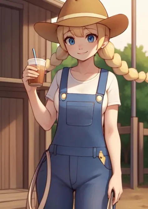 (masterpiece, best quality:1.2), extremely detailed, soft ambient lighting, sharp focus, 4K, BREAK <lora:BreederLora:0.8>, 1girl, solo, breeder, blue eyes, blonde twin braids, overalls, white shirt, brown straw hat, gentle smile, small breasts, BREAK outdoors, nature, horse stable, standing, behind wooden fence,