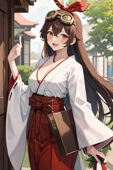 best quality, masterpiece, highres, solo, {white kimono:1.35}, {red hakama:1.35}, {wide sleeves:1.20}, {amber_genshin:1.15}, long_hair, brown_hair, bangs, ribbon, hair_ribbon, hair_between_eyes, red_ribbon, breasts, smile, brown_eyes, blush, cleavage, goggles, open_mouth, medium_breasts