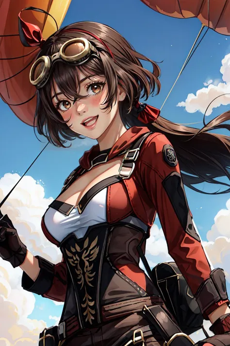 (masterpiece, best quality),  intricate details,
1girl,    <lora:amber_genshin:0.8> amber_genshin, long_hair, brown_hair, bangs, ribbon, hair_ribbon, hair_between_eyes, red_ribbon, breasts, smile, brown_eyes, blush, cleavage, goggles, open_mouth, medium_breasts
 <lora:parachutesky:0.8> parachutesky, skydive, blue sky, clouds, wind,  parachute, harness,