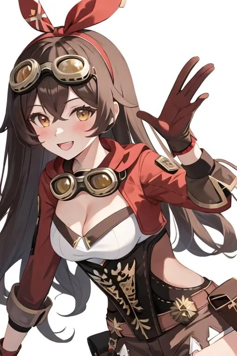 best quality, masterpiece, highres, solo, {amber_genshin:1.15}, long_hair, brown_hair, bangs, ribbon, hair_ribbon, hair_between_eyes, red_ribbon, , smile, brown_eyes, blush, cleavage, goggles, open_mouth, , 1girl, looking_at_viewer, goggles_around_neck, hairband, simple_background, white_background, long_sleeves, yellow_eyes, upper_body