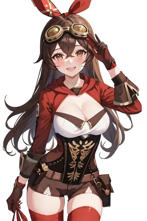 best quality, masterpiece, highres, solo, {amber_genshin:1.15}, long_hair, brown_hair, bangs, ribbon, hair_ribbon, hair_between_eyes, red_ribbon, , smile, brown_eyes, blush, cleavage, goggles, open_mouth, , 1girl, brown_shorts, crossed_bangs, gloves, goggles_around_neck, long_sleeves, looking_at_viewer, shorts, simple_background, white_background, short_shorts, vision_\(genshin_impact\), pouch, red_thighhighs, shrug_\(clothing\), thighhighs, thighs, belt, :d, closed_mouth