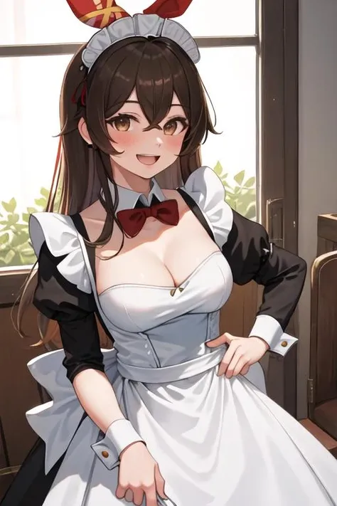 best quality, masterpiece, highres, solo, {maid:1.40}, {long maid dress:1.15}, {amber_genshin:1.15}, long_hair, brown_hair, bangs, ribbon, hair_ribbon, hair_between_eyes, red_ribbon, breasts, smile, brown_eyes, blush, cleavage, goggles, open_mouth, medium_breasts