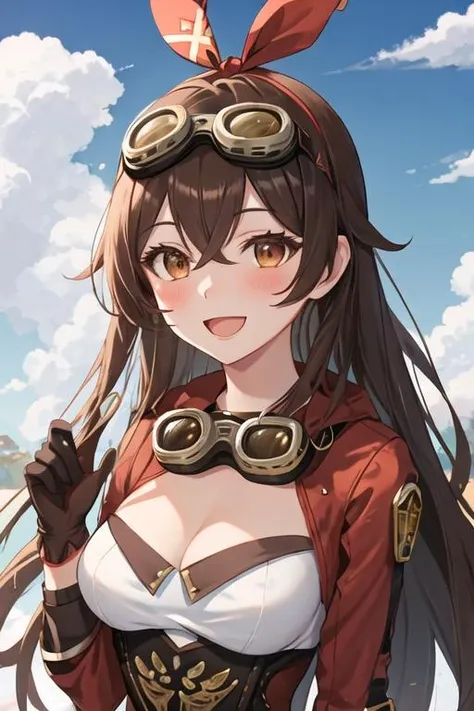 best quality, masterpiece, highres, solo, {amber_genshin:1.15}, long_hair, brown_hair, bangs, ribbon, hair_ribbon, hair_between_eyes, red_ribbon, breasts, smile, brown_eyes, blush, cleavage, goggles, open_mouth, medium_breasts, 1girl, blue_sky, cloud, day, looking_at_viewer, sky, goggles_on_head, upper_body, gloves, long_sleeves, red_gloves, outdoors, :d