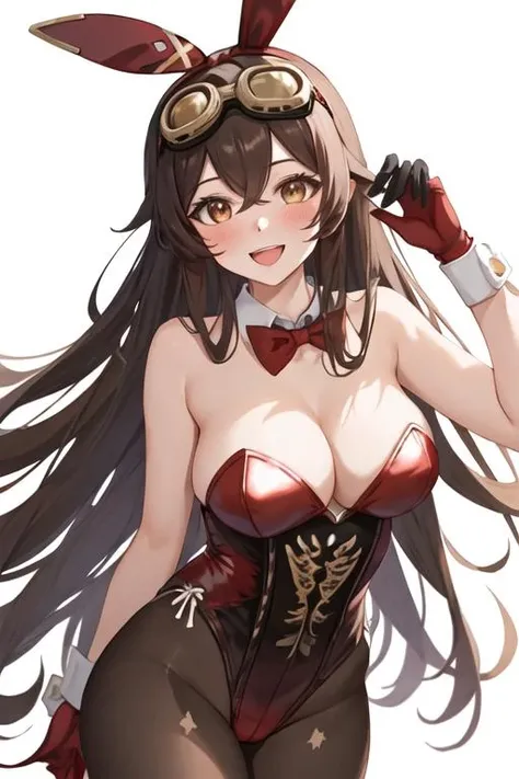best quality, masterpiece, highres, solo, {amber_genshin:1.15}, long_hair, brown_hair, bangs, ribbon, hair_ribbon, hair_between_eyes, red_ribbon, breasts, smile, brown_eyes, blush, cleavage, goggles, open_mouth, medium_breasts, 1girl, bare_shoulders, bow, bowtie, detached_collar, leotard, looking_at_viewer, playboy_bunny, rabbit_ears, animal_ears, fake_animal_ears, red_leotard, simple_background, white_background, strapless, strapless_leotard, wrist_cuffs, black_bowtie, pantyhose