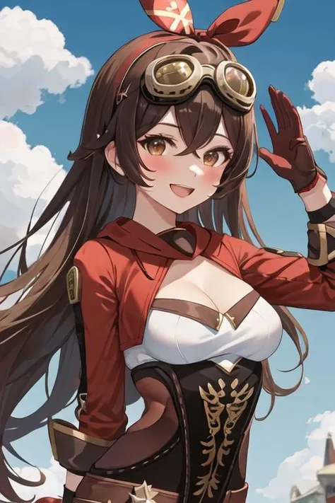 best quality, masterpiece, highres, solo, {amber_genshin:1.15}, long_hair, brown_hair, bangs, ribbon, hair_ribbon, hair_between_eyes, red_ribbon, breasts, smile, brown_eyes, blush, cleavage, goggles, open_mouth, medium_breasts, 1girl, blue_sky, gloves, long_sleeves, red_gloves, sky, cloud, day, outdoors, :d, hairband, goggles_around_neck, shrug_\(clothing\), upper_body