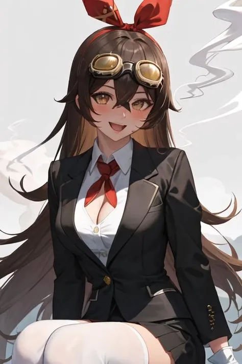 best quality, masterpiece, highres, solo, {black business suit:1.40}, {tie:1.20}, {sunglasses:1.25}, {white gloves:1.15}, {white shirt:1.10}, {black skirt:1.15}, {smoking:1.20}, handsome, {amber_genshin:1.15}, long_hair, brown_hair, bangs, ribbon, hair_ribbon, hair_between_eyes, red_ribbon, breasts, smile, brown_eyes, blush, cleavage, goggles, open_mouth, medium_breasts