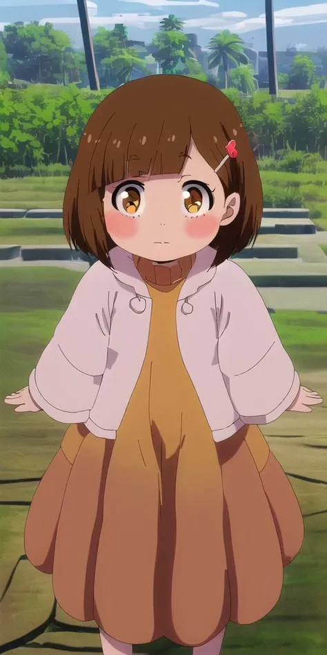 (((Ultra-HD-details))) 1girl, outdoors <lora:Miri_Unasaka:1> brown-hair, short-hair, hair-ornament, hairclip, 1girl, brown-eyes, bob-cut, solo, blush, bangs, female-child