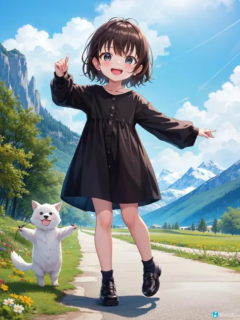 (((picture-perfect))) (dark brown hair, very short hair, black eyes, toddler-sized child, alps in background, 1girl, solo, full body) (((overinsanely delighted loveliness overload)))
