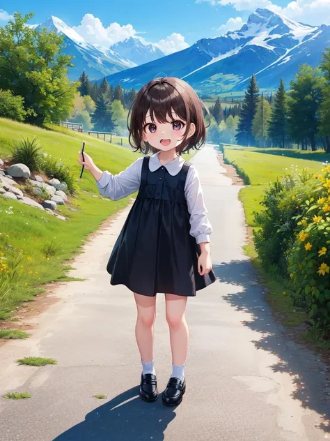 (((picture-perfect))) (dark brown hair, very short hair, black eyes, toddler-sized child, alps in background, 1girl, solo, full body) (((overinsanely delighted loveliness overload)))