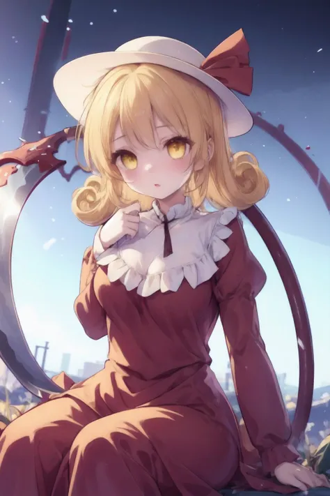 1girl,glowing, extreme quality anime of hollywood movies,sit,<lora:elly:1> 1girl,hathat ribbon,curly hair,blonde hair, short hair,yellow eyes,ribbon,bow,red dress,long sleeves,scythe,holding scythe, weapon,blood