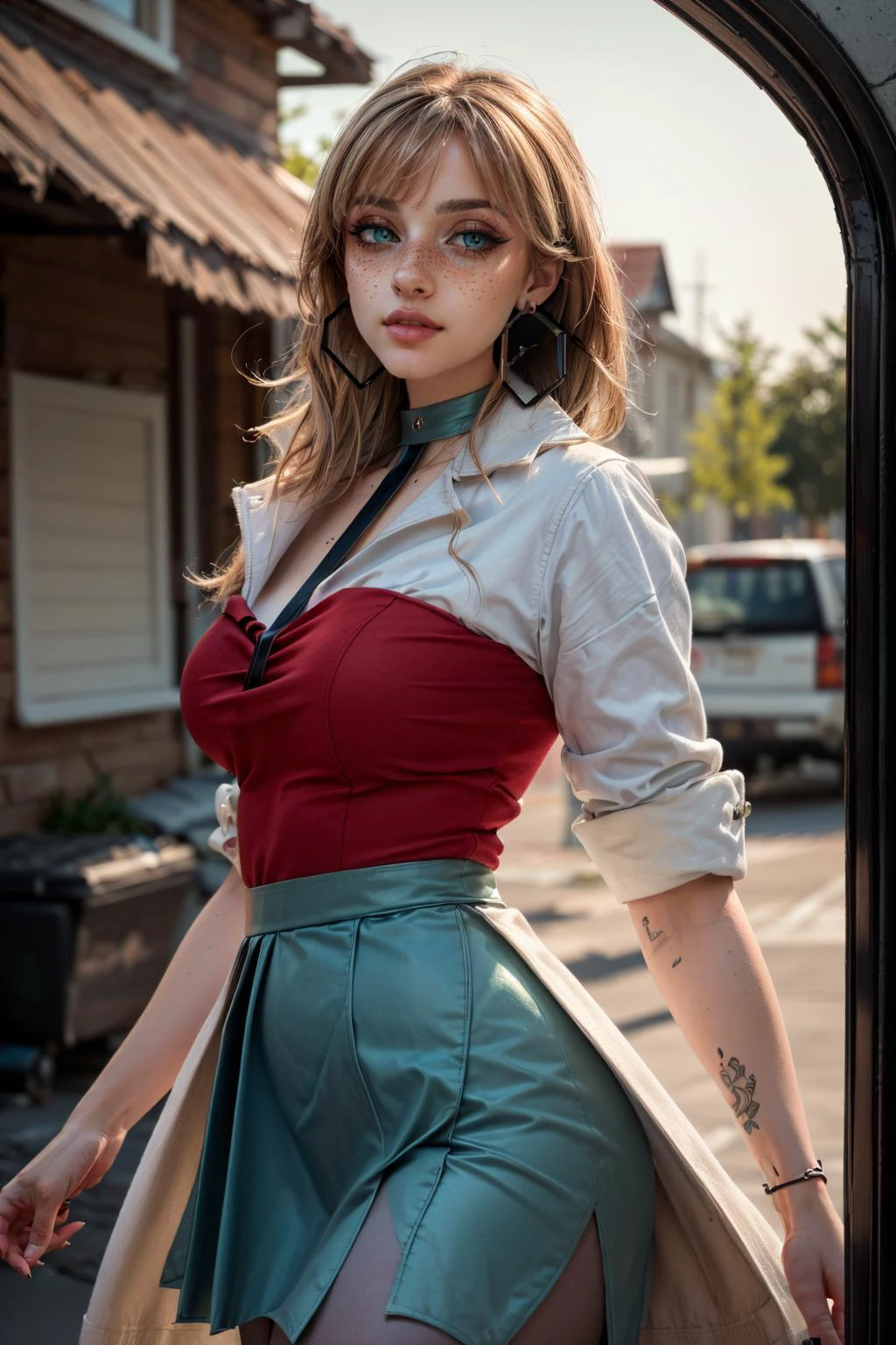 (masterpiece, best quality, highres:1.3), casual photography, HDR, natural light, (anti-aliasing:1.2), elegant, soft scattered light, realistic proportions, limited palette, backlit, accent lighting, (neutral colors:1.3), cross process, cinematic lighting, coherent light, coherent shadows, light passing through hair, (sharp), (cowboy shot), (0001SRGoodPictureV3),
detailed face, detailed eyes, detailed skin, (intricate and beautiful:1.2), (detailed light:1.2), (soft lighting, side lighting, reflected light), solo, gorgeous greek goddess, (thick\lips\), <lora:add_detail:0.75>, (looking at viewer:1.2), <lora:oleana-nvwls-v1:1> pastoleana, oleana, hoop earrings, long hair, white coat, pantyhose, red shirt, sidelocks, choker, black skirt, red nails, high heels, blunt bangs, tied hair, <lora:ZH_Mushyee_v1:1> zh_mushyee_normalgirl, zh_mushyee_cosplaygirl, yellow eyes, tattoo, realistic, freckles, lips, (beautiful detailed eyes:1.2),