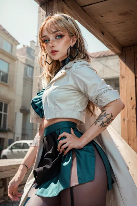 (masterpiece, best quality, highres:1.3), casual photography, HDR, natural light, (anti-aliasing:1.2), elegant, soft scattered light, realistic proportions, limited palette, backlit, accent lighting, (neutral colors:1.3), cross process, cinematic lighting, coherent light, coherent shadows, light passing through hair, (sharp), (cowboy shot), (0001SRGoodPictureV3),
detailed face, detailed eyes, detailed skin, (intricate and beautiful:1.2), (detailed light:1.2), (soft lighting, side lighting, reflected light), solo, gorgeous greek goddess, (thick\lips\), <lora:add_detail:0.75>, (looking at viewer:1.2), <lora:oleana-nvwls-v1:1> pastoleana, oleana, hoop earrings, long hair, white coat, pantyhose, red shirt, sidelocks, choker, black skirt, red nails, high heels, blunt bangs, tied hair, <lora:ZH_Mushyee_v1:1> zh_mushyee_normalgirl, zh_mushyee_cosplaygirl, yellow eyes, tattoo, realistic, freckles, lips, (beautiful detailed eyes:1.2),
