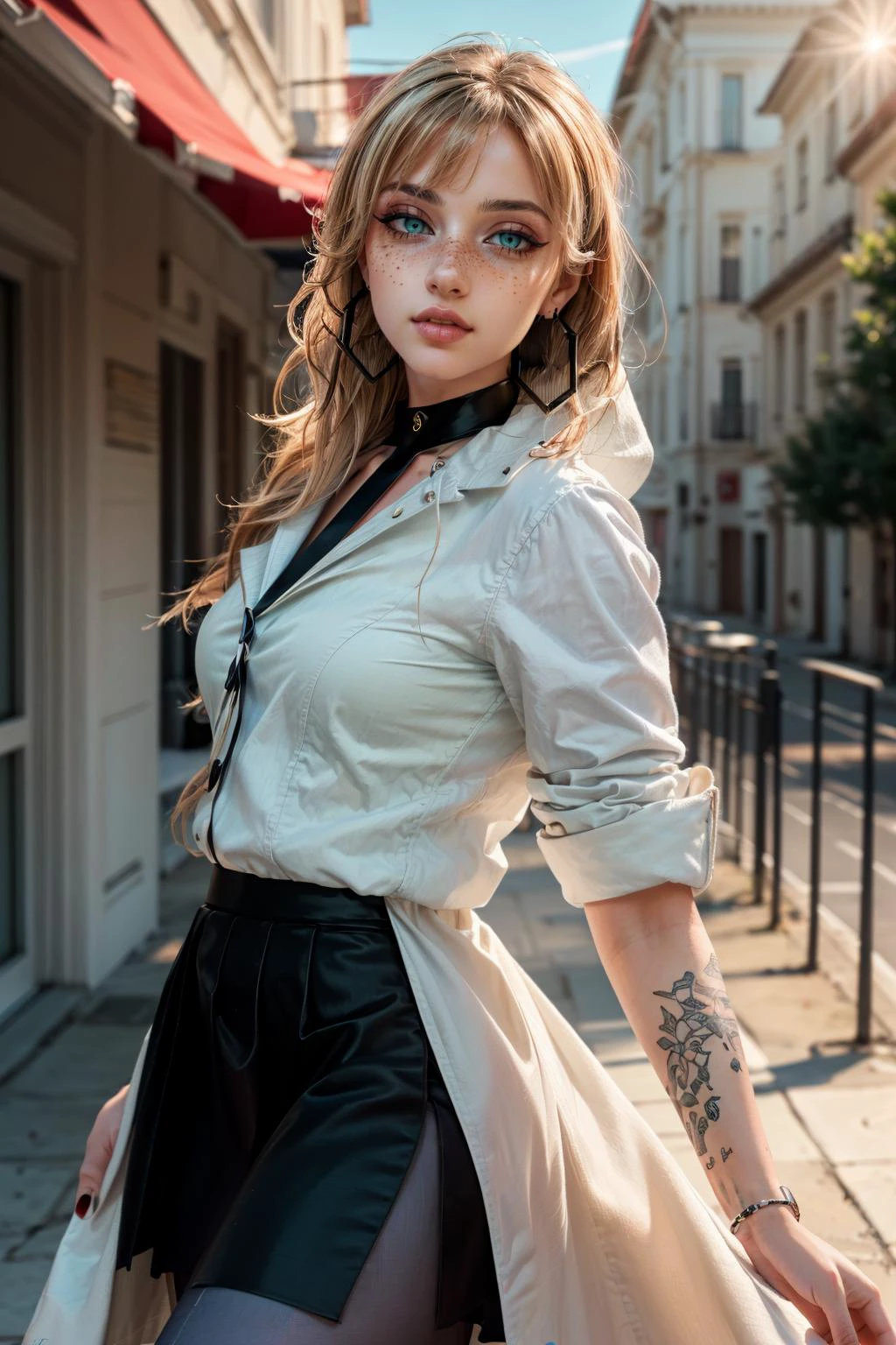 (masterpiece, best quality, highres:1.3), casual photography, HDR, natural light, (anti-aliasing:1.2), elegant, soft scattered light, realistic proportions, limited palette, backlit, accent lighting, (neutral colors:1.3), cross process, cinematic lighting, coherent light, coherent shadows, light passing through hair, (sharp), (cowboy shot), (0001SRGoodPictureV3),
detailed face, detailed eyes, detailed skin, (intricate and beautiful:1.2), (detailed light:1.2), (soft lighting, side lighting, reflected light), solo, gorgeous greek goddess, (thick\lips\), <lora:add_detail:0.75>, (looking at viewer:1.2), <lora:oleana-nvwls-v1:1> pastoleana, oleana, hoop earrings, long hair, white coat, pantyhose, red shirt, sidelocks, choker, black skirt, red nails, high heels, blunt bangs, tied hair, <lora:ZH_Mushyee_v1:1> zh_mushyee_normalgirl, zh_mushyee_cosplaygirl, yellow eyes, tattoo, realistic, freckles, lips, (beautiful detailed eyes:1.2),