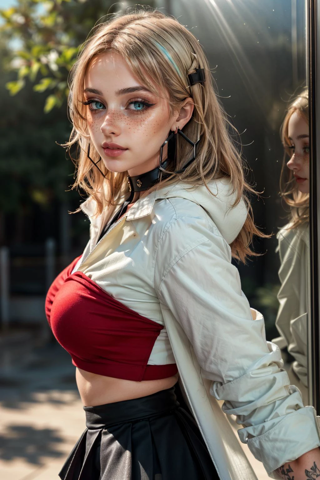 (masterpiece, best quality, highres:1.3), casual photography, HDR, natural light, (anti-aliasing:1.2), elegant, soft scattered light, realistic proportions, limited palette, backlit, accent lighting, (neutral colors:1.3), cross process, cinematic lighting, coherent light, coherent shadows, light passing through hair, (sharp), (cowboy shot), (seductive pose:1.2), (0001SRGoodPictureV3),
detailed face, detailed eyes, detailed skin, (intricate and beautiful:1.2), (detailed light:1.2), (soft lighting, side lighting, reflected light), solo, gorgeous greek goddess, huge breasts, (thick\lips\), <lora:add_detail:0.75>, (looking at viewer:1.2), <lora:ZH_Mushyee_v1:1> zh_mushyee_normalgirl, zh_mushyee_cosplaygirl, yellow eyes, tattoo, realistic, freckles, lips, (beautiful detailed eyes:1.2), <lora:oleana-nvwls-v1:1> pastoleana, oleana, hoop earrings, long hair, white coat, pantyhose, red shirt, sidelocks, choker, black skirt, red nails, high heels, blunt bangs, tied hair