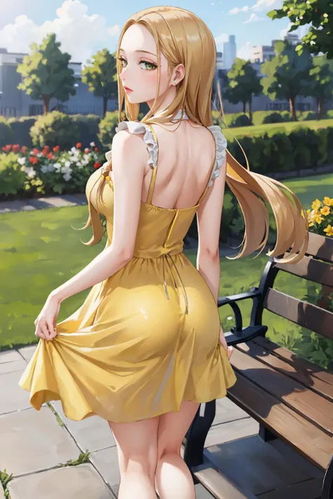 masterpiece, best quality,  <lora:oleana-nvwls-v1-000010:0.9> oleana, long hair, sidelocks, lipstick, from behind, (yellow sundress:1.3), large breasts, garden, park, bench, standing