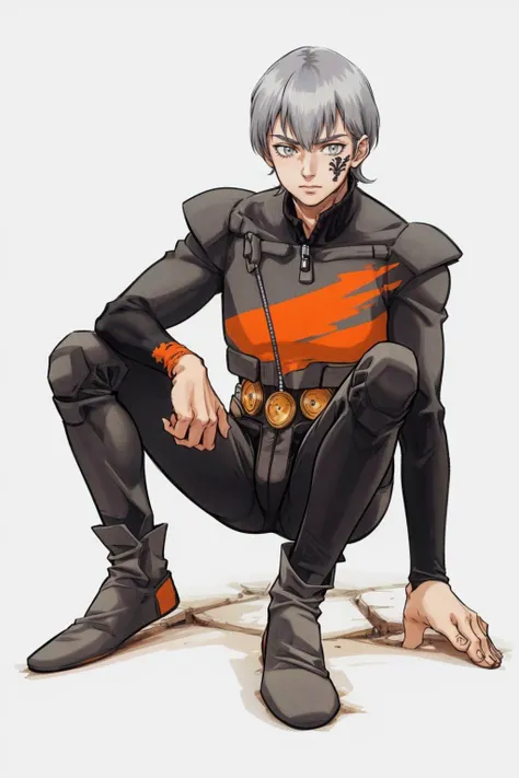 masterpiece, best quality, solo, 1boy, looking at viewer, <lora:Thracia-776-Style_Fp:0.9>, simple background, full body, retro artstyle, white background, <lora:zs_Serph:1>, serphdds, bodysuit, grey hair, tattoo