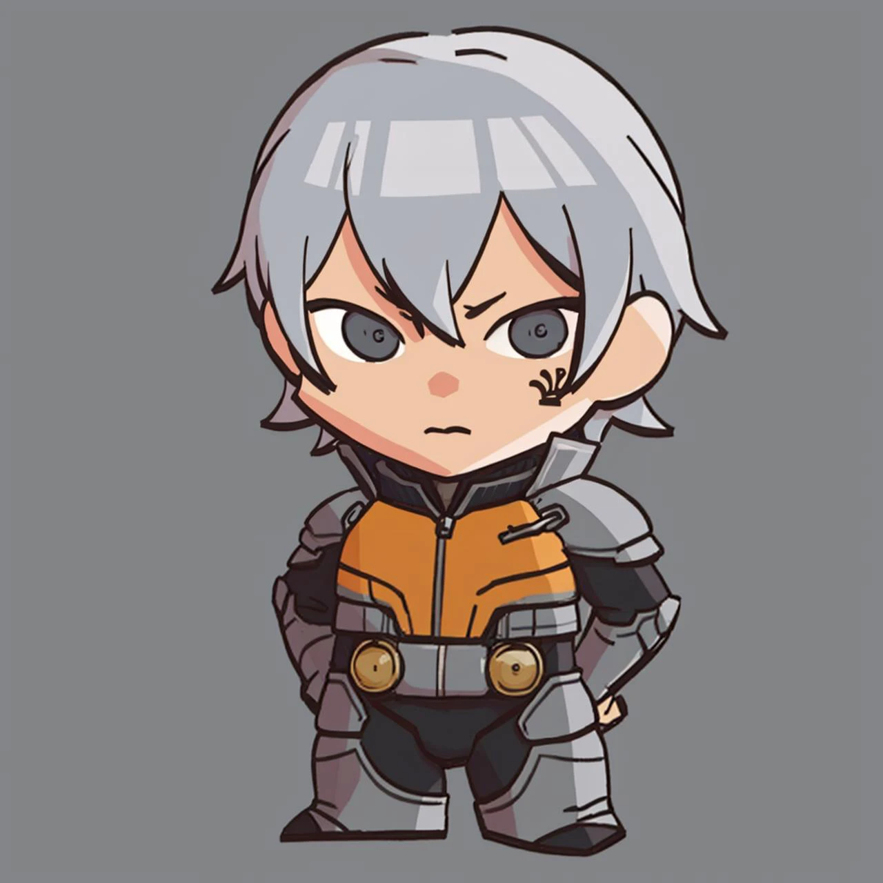 masterpiece, best quality, solo, 1boy, looking at viewer, <lora:zs_Serph:1>, serphdds, bodysuit, grey hair, tattoo, <lora:FEH-MTH_Fp:0.8>, simple background, chibi,