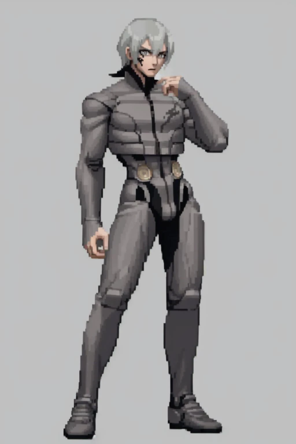 masterpiece, best quality, solo, 1boy, looking at viewer, <lora:zs_Serph:1>, serphdds, bodysuit, grey hair, tattoo, <lora:SNK-Kof_sprites_Fp:0.8>, full body, simple background, standing,