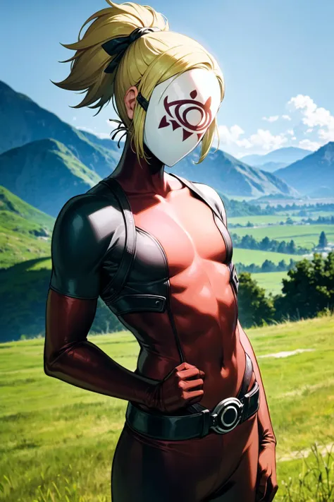 <lora:yigav6:0.7> (highly detailed:1.2), yiga clan, 1boy, toned, blonde hair, belt, bodysuit, high ponytail, red bodysuit, solo, grass, mountain background, mask, sheikah, covered face, high ponytail,