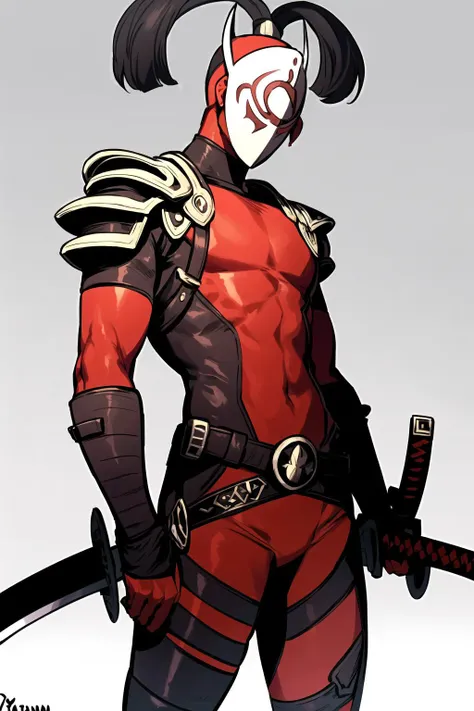 <lora:yigav6:0.6>, sooga, sooga (age of calamity), mask, red bodysuit, scratch on mask, split high ponytail, yiga clan, weapon, sword, 1boy, male focus, solo, katana, armor, belt, samurai, sheath, sheathed, helmet