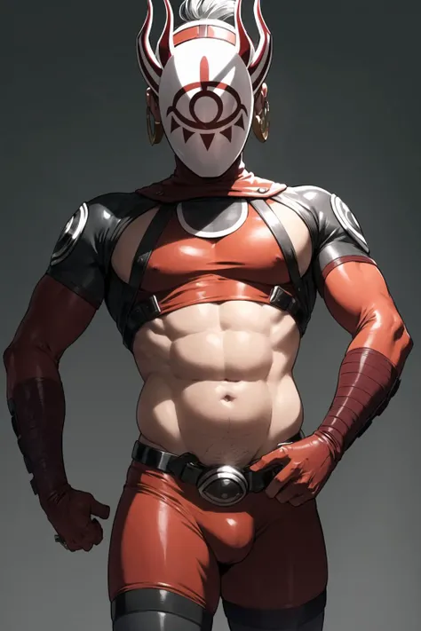 <lora:yigav6:0.8>, (highly detailed:1.2), 1boy, mask, master kohga, kohga, red bodysuit, yiga clan, solo, male focus, full body, gloves, standing, belt, red gloves, horns, clothed, (plump, stomach bulge:1.2)