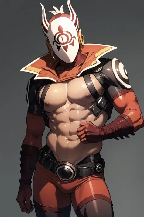 <lora:yigav6:0.8>, (highly detailed:1.2), 1boy, mask, master kohga, kohga, red bodysuit, yiga clan, solo, male focus, full body, gloves, standing, belt, red gloves, horns, clothed, plump, stomach bulge, fat,