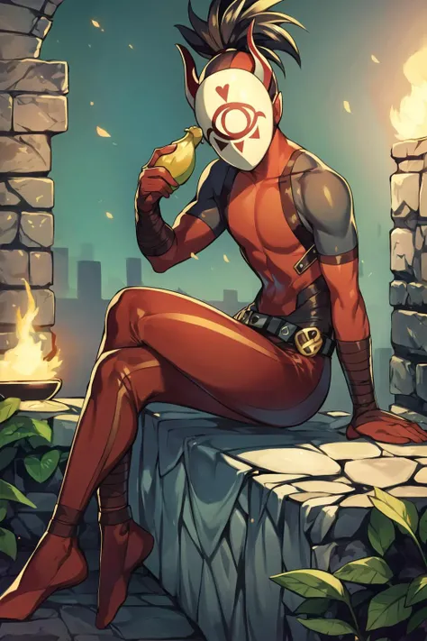 <lora:yigav6:0.7>, (highly detailed:1.2), 1boy, yiga clan, yiga clan footsoldier, holding, black hair, banana, mask, sitting, heart, ponytail, high ponytail, bodysuit, red bodysuit, belt, brown belt, bandaged arm, bandages, bandana, elbow gloves, eye print, gloves, horns, spiked hair, white mask, yellow horns, crossed legs, looking at viewer, cavern, muscular, toned, stone wall, torch,