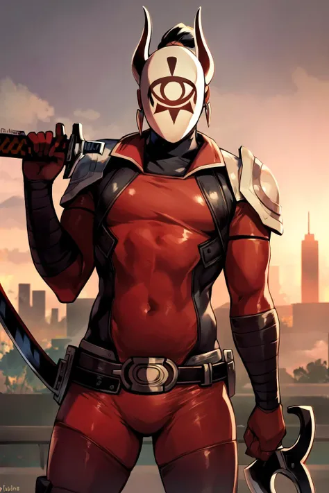 <lora:yigav6:0.6>, master kohga, kohga, mask, red bodysuit, yiga clan, solo, 1boy, male focus, weapon, sword, weapon on back, armor, belt, helmet, horns, bodysuit, sunset, outdoors, plump, stomach bulge,