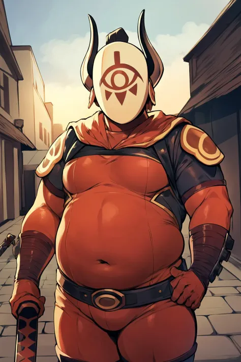 <lora:yigav6:0.6>, master kohga, kohga, mask, red bodysuit, yiga clan, solo, 1boy, male focus, weapon, sword, weapon on back, armor, belt, helmet, horns, bodysuit, sunset, outdoors, (plump, stomach bulge:1.2)