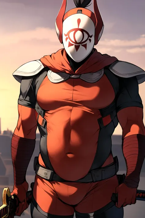 <lora:yigav6:0.6>, master kohga, kohga, mask, red bodysuit, yiga clan, solo, 1boy, male focus, weapon, sword, weapon on back, armor, belt, helmet, white horns, bodysuit, sunset, outdoors, (plump, stomach bulge:1.2)