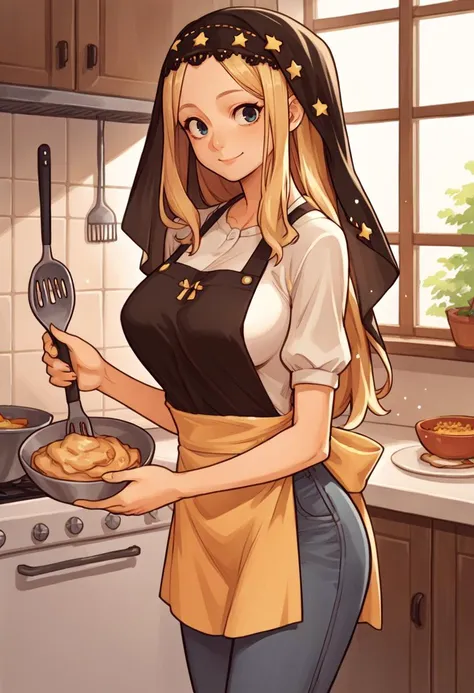 score_9, score_8_up, score_7_up, source_anime, 1girl, solo, looking at viewer, smile, <lora:VelvetOS:1> velvetOS, veil, apron, jeans, large breasts, long hair, blonde hair, kitchen, cooking