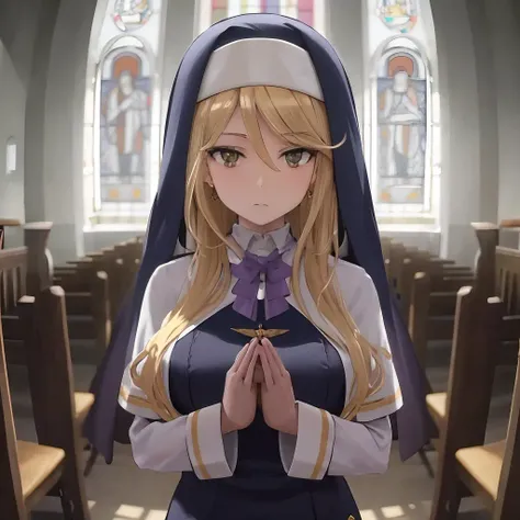 sharon_holygrail, church, nun <lora:sharon_holygrail_v1:0.7>, praying, stained glass, facing viewer, masterpiece, best quality