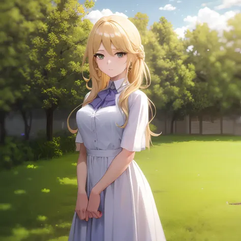 sharon_holygrail, white dress, nature, <lora:sharon_holygrail_v1:0.7>, blonde hair,, masterpiece, best quality