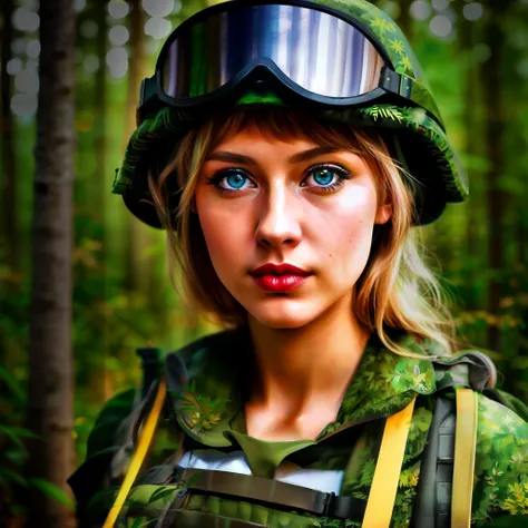 <lora:soldart39-000005:0.7> soldart closeup photo art soldier young woman sexy blond helmet goggles
album art, complex forest background,
matserpiece artstation