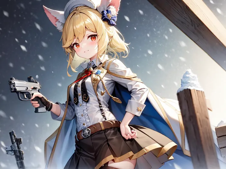 masterpiece, best quality, 1girl, solo, white headwear, fake animal ears, <lora:nag-000002:1>, NagantRevolver, snowing, (holding gun:1.2), hand on hips, one hand up,