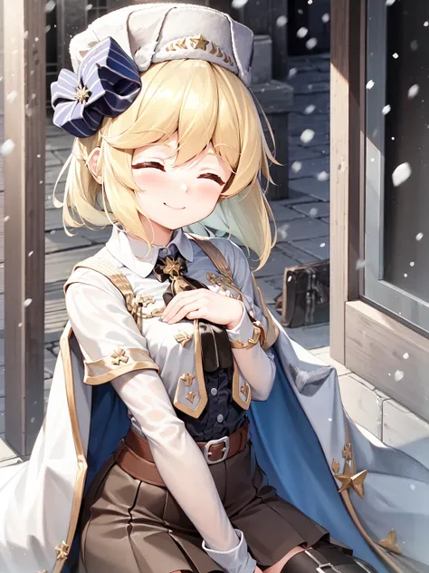 masterpiece, best quality, 1girl, solo, white headwear, fake animal ears, <lora:nag-000002:1>, NagantRevolver, snowing, smile, closed eyes, hand on chest
