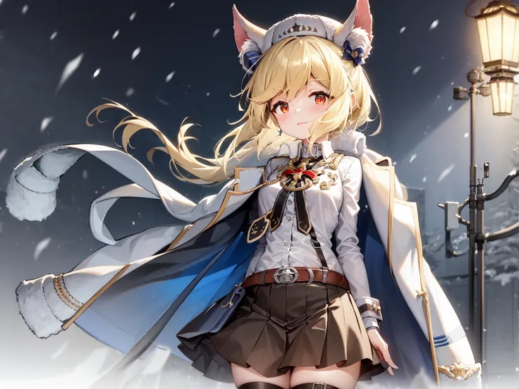 masterpiece, best quality, 1girl, solo, white headwear, fake animal ears, <lora:nag-000002:1>, NagantRevolver, snowing,