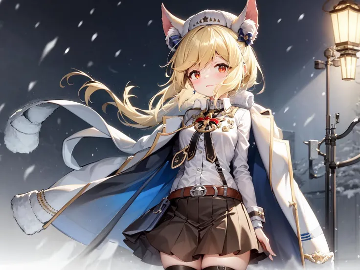 masterpiece, best quality, 1girl, solo, white headwear, fake animal ears, <lora:nag-000002:1>, NagantRevolver, snowing,