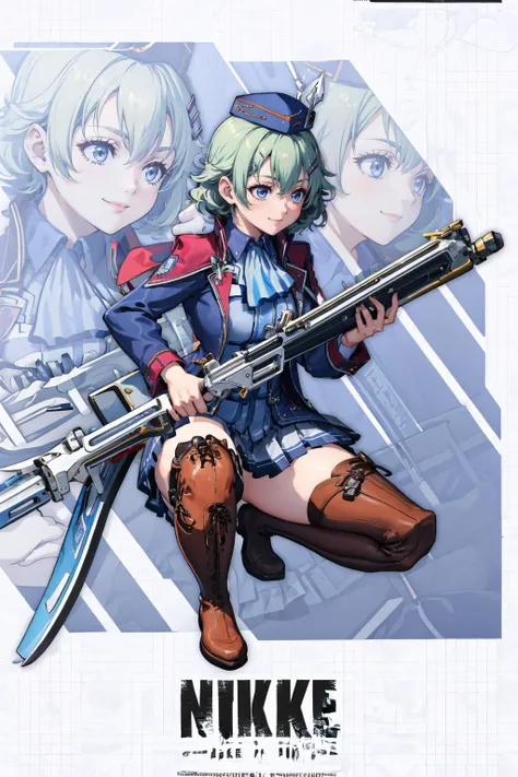 masterpiece, best quality, <lora:NikkeProfile:1> IncrsNikkeProfile, full body, zoom layer, holding weapon, holding gun, one knee <lora:musseegret-nvwls-v1-final:0.8> musse egret, blue hat, hairclip, ascot, blue jacket, blue shirt, white miniskirt, thigh boots, smile, furrowed brow