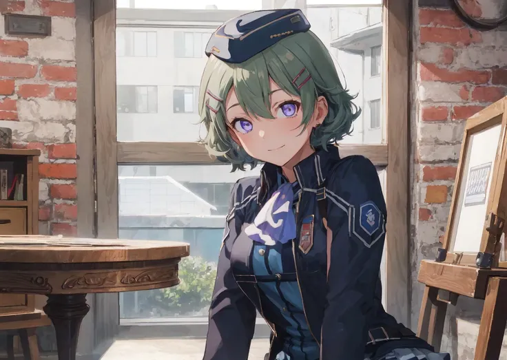 masterpiece:1.2, best quality, 1girl, musse egret, blue hat, hairclip, ascot, blue jacket, blue shirt, white miniskirt, thigh boots, sitting, upper body, recreation room, card table, playing a card game, POV, centered, <lora:musseegret-nvwls-v1-final:0.9>, smirking, looking at viewer, ((light purple eyes))