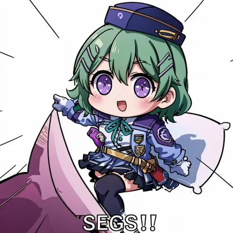 masterpiece, best quality, musse egret, purple hat, hairclip, green ribbon, purple jacket, white gloves, belt, purple miniskirt, segs, (english text:1.3), chibi <lora:Segs:0.9> <lora:musseegret-nvwls-v1-final:0.8>