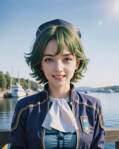 portrait of <lora:musseegret-nvwls-v2:0.9>, musse egret, blue hat, hairclip, ascot, blue jacket, blue shirt, (harbor in background), blush, smile, (purple eyes), light green hair,
film grain, 4k, RAW, (high detailed skin:1.2), 8k uhd, dslr, soft lighting,  <lora:NegStd1:0.4>
(masterpiece), (best quality:1.4), absurdres, (intricate details:0.2)