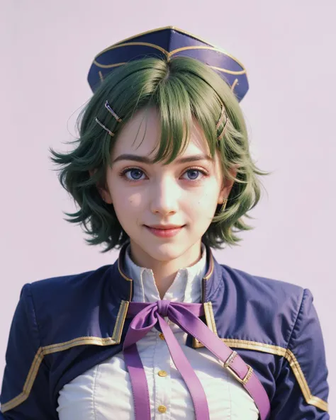 portrait of <lora:musseegret-nvwls-v2:1.0>, musse egret, purple hat, hairclip, green ribbon, purple jacket, blush, smile, (purple eyes), light green hair,
film grain, 4k, RAW, (high detailed skin:1.2), 8k uhd, dslr, soft lighting, <lora:NegStd1:0.4>
(masterpiece), (best quality:1.4), absurdres, (intricate details:0.2)