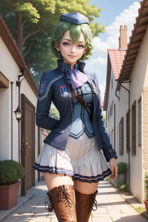 masterpiece, best quality, musse egret, blue hat, hairclip, ascot, blue jacket, blue shirt, white miniskirt, thigh boots, standing, smug, smile, looking at viewer, hands at sides, yard, schoolhouse <lora:musseegret-nvwls-v2:0.9>