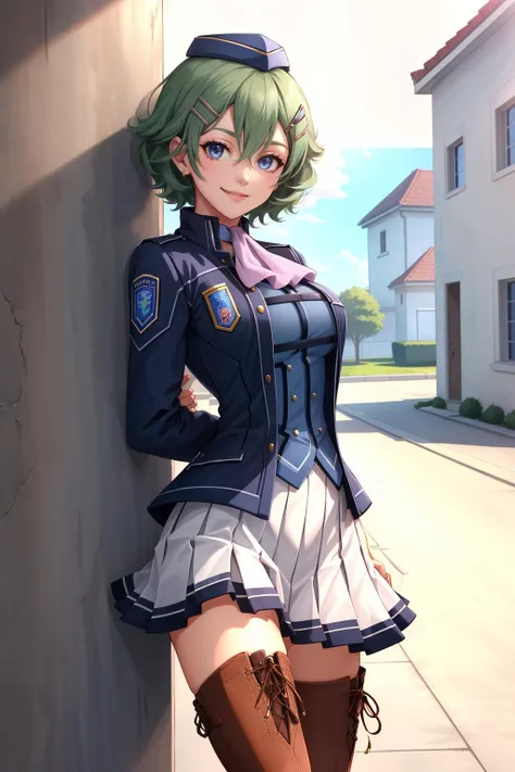 masterpiece, best quality, musse egret, blue hat, hairclip, ascot, blue jacket, blue shirt, white miniskirt, thigh boots, cowboy shot, arms behind back, looking at viewer, schoolhouse, smile, smug <lora:musseegret-nvwls-v2:0.9>