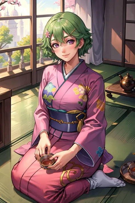 masterpiece, best quality, musse egret, pink kimono, sash, looking at viewer, seiza, room, tea ceremony, smile <lora:musseegret-nvwls-v2:0.9>