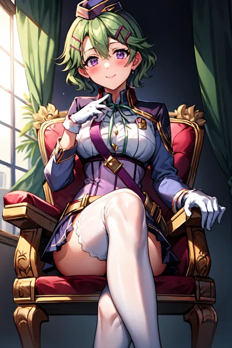 <lora:musseegret-nvwls-v2:1.055>, masterpiece, best quality, musse egret, purple hat, hairclip, green ribbon, purple jacket, white gloves, belt, purple miniskirt, blushing, smile, white net legging, looking at viewer, sit crossed leg on queen chair